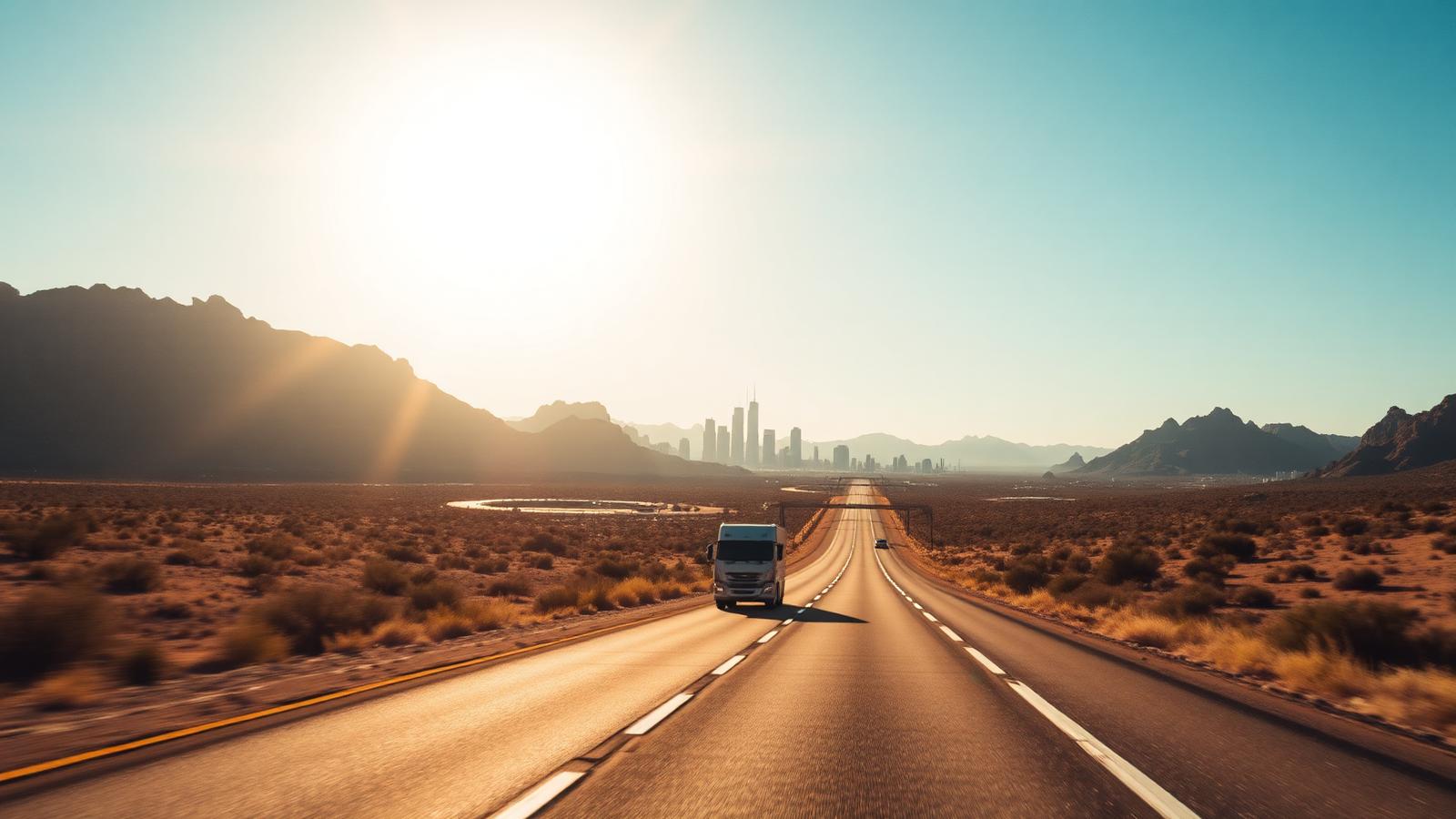 Highway crossing the Arizona desert toward the Phoenix skyline